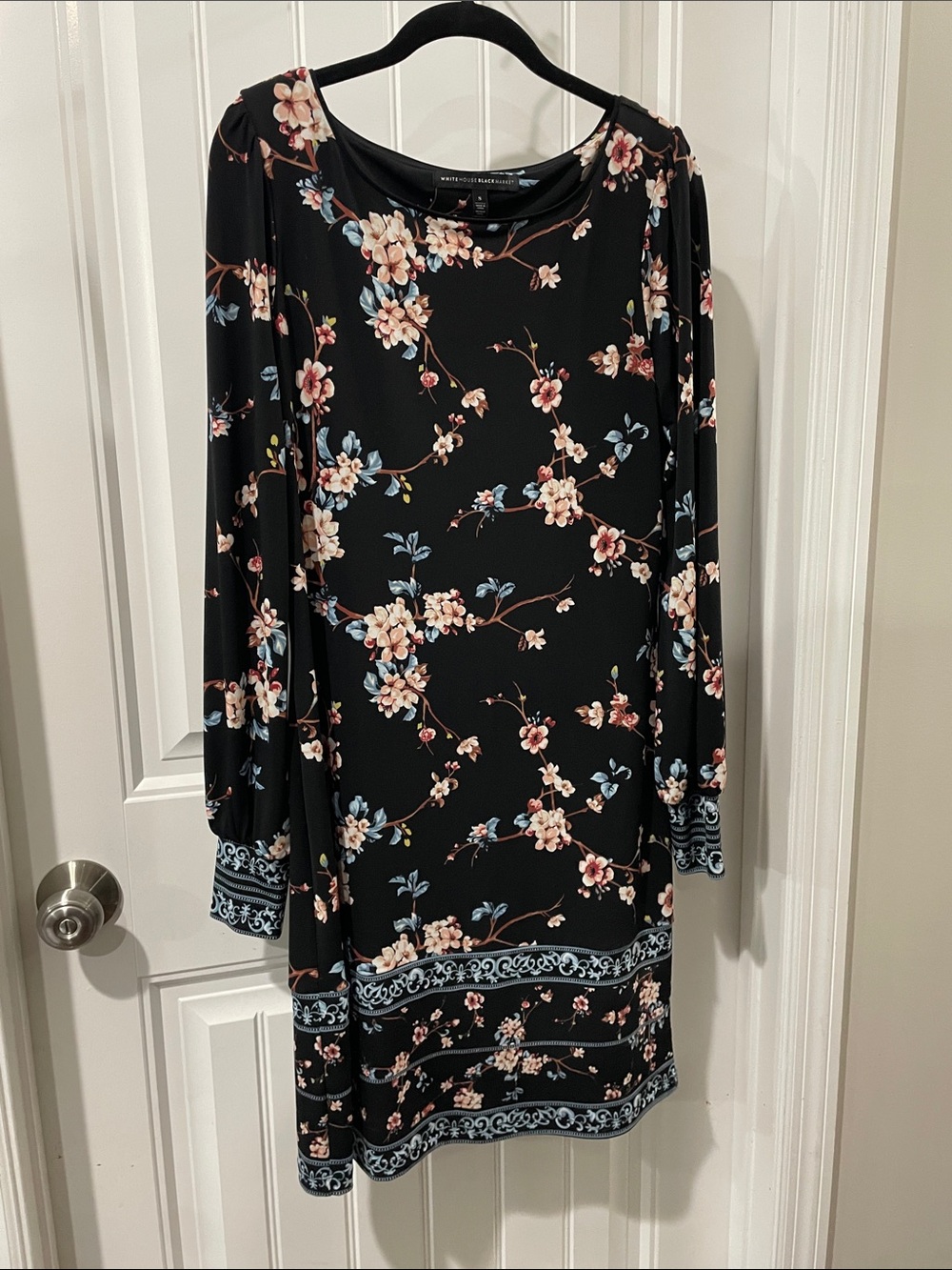 White House Black Market Black Floral Long Sleeve Shift Dress with Blue Accents